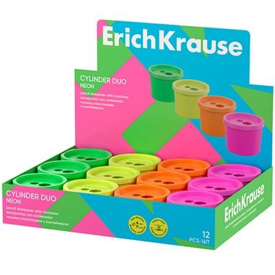 Точилка пластик Cylinder Duo, Neon с контейнером ассорти 60059 ErichKrause - фото 69935602