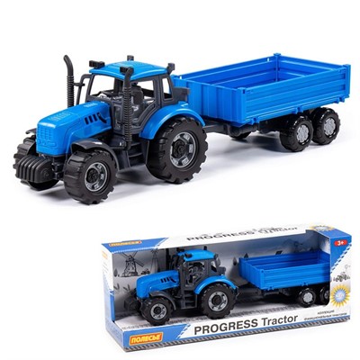 Трактор "Прогресс" с бортовым прицепом инерционный синий в коробке 91253 П-Е /8/ - фото 69936359