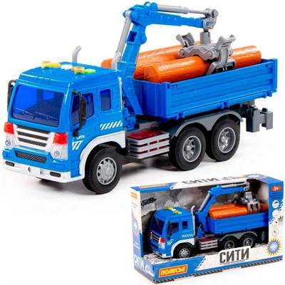 Автомобиль Сити бортовой с манипулятором инерционный со светом и звуком синий (в коробке) 96012 П-Е /8/ - фото 69936534