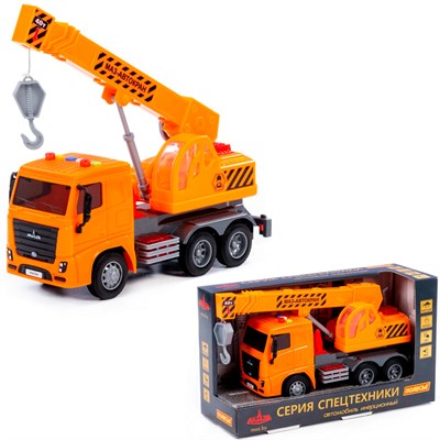 Автомобиль кран МАЗ инерционный со светом и звуком оранжевый в кор. 67293 67293 П-Е /8/ - фото 69936639
