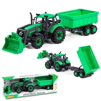 Трактор "Прогресс" с прицепом и ковшом инерционный зелёный в коробке 91840 П-Е /8/ - фото 69938124