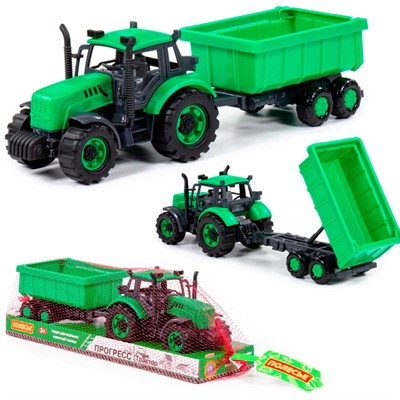 Трактор "Прогресс" с прицепом инерционный зелёный в лотке 94186 П-Е - фото 69938134