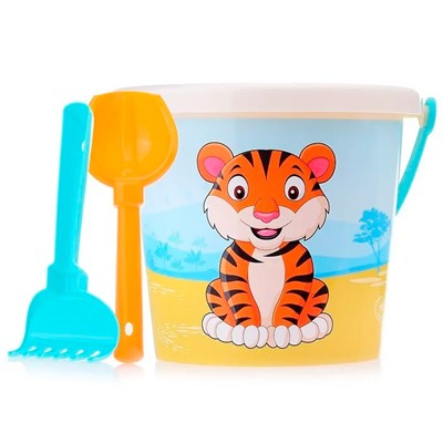 Песочный набор №656 сафари: ведро малое с наклейкой, совок №2, грабельки №2 93400 - фото 69943214