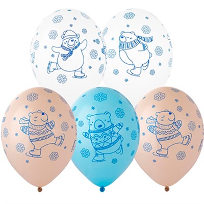 Шар 14" шелкография пастель Мишки на коньках 25шт 1103-3112 /цена за упак/ - фото 69944779