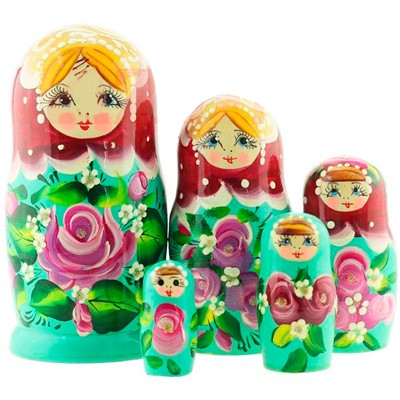 Деревянная Матрешка 5 мест - бордово-зеленая розы  MS0503KojN-01 - фото 69946288
