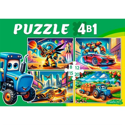 Пазл 4 в 1 Машинки и роботы 8, 12, 15, 20 эл. П-3409 - фото 69946515