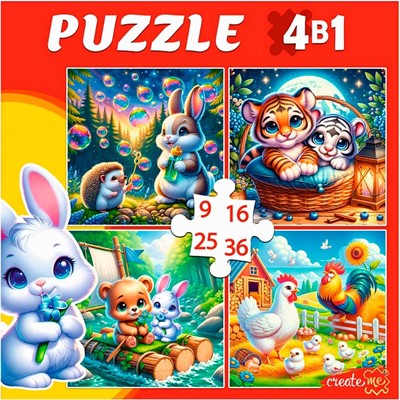 Пазл 4 в 1 Добрые зверята 9,16, 25, 36 эл. П-3418 - фото 69946524