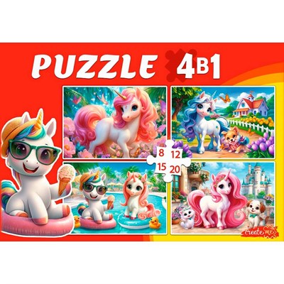 Пазл 4 в 1 Яркие единороги 8, 12, 15, 20 эл. П-3414 - фото 69946527