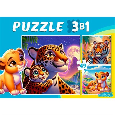 Пазл 3 в 1 Звери с детенышами 3 картинки по 49 эл. П-3462 - фото 69946533