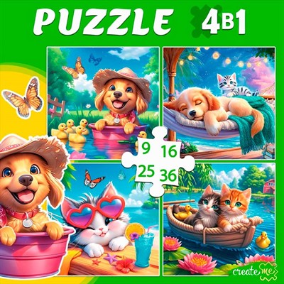 Пазл 4 в 1 Милые питомцы 9,16, 25, 36 эл. П-3417 - фото 69946541