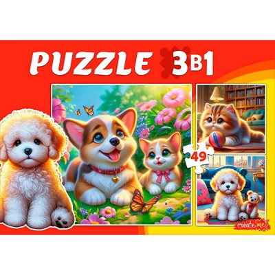 Пазл 3 в 1 Домашние питомцы 3 картинки по 49 эл. П-3460 - фото 69946545