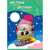 Цветной картон мелованный + цветная бумага двухсторонняя А4 8л, 8 цв."Совенок" С0156-19