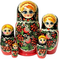 Деревянная Матрешка 5 в 1 большая Ягодки, Эскиз 17, Птички на рябине М05160217
