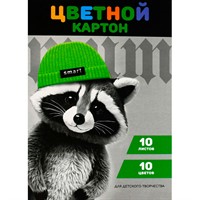 Картон цветной 10 л 10 цвет. Енот в шапочке 69973
