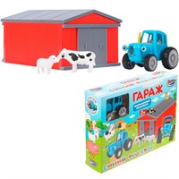 Модель PF-BLUETRACTOR-SET Синий Трактор Гараж с коровой и овцой Технопарк в кор.