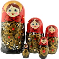 Деревянная Матрешка 5 мест средняя - "Золотые цветы" красный платок MS0503Flowers