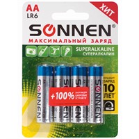 Элемент питания  SONNEN Super Alkaline, АА(LR6,15А), алкалиновые, пальчиковые 4 шт 451094