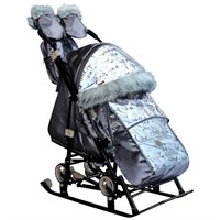 Санки коляска Galaxy Glory Gloss Лён серо-коричневый + светоотражающая ткань