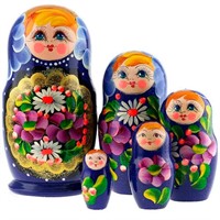 Деревянная Матрешка Большая - золотой медальон-синяя 5 шт MS0504a-LyPM-02