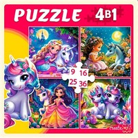 Пазл 4 в 1 9,16, 25, 36 эл. Принцессы и сказочные единороги П-7588