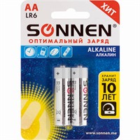 Элемент питания SONNEN Alkaline, АА (LR6, 15А), алкалиновые, пальчиковые, блистер 2 шт 451084