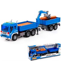 Автомобиль Сити бортовой с манипулятором и прицепом инерционный со светом и звуком синий в коробке 96036 П-Е /4/