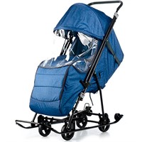 Санки коляска Снежинка Универсал 1 Лен синий чехол д/ног, колесо,тент,перекидная ручка
