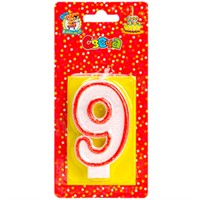 Свеча для торта 4665306724140 с красной окантовкой с блестками Цифра 9 С-2414