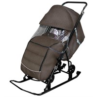 Санки коляска Снежинка Универсал 1 Лен серо-коричневый чехол д/ног, колесо,тент,перекидная ручка