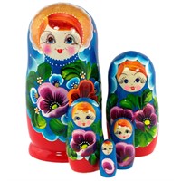 Деревянная Матрешка сине-красная цветы 5 шт MS0503YurG-02