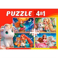 Пазл 4 в 1 Принцессы и милые животные 8, 12, 15, 20 эл. П-3412