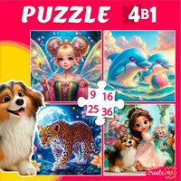Пазл 4 в 1 Яркие пазлы для девочек 9,16, 25, 36 эл. П-3419