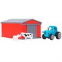 Модель PF-BLUETRACTOR-SET Синий Трактор Гараж с коровой и овцой Технопарк в кор. - фото 47949523